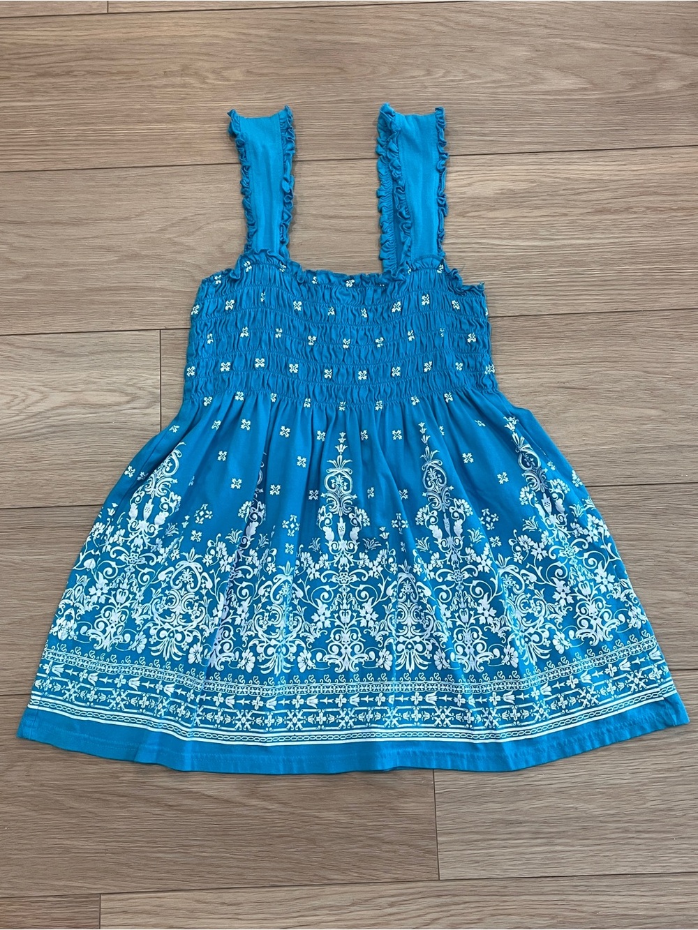 Paradisio Turquoise Blue Smocked Floral Border Print Babydoll Top Size S Boho